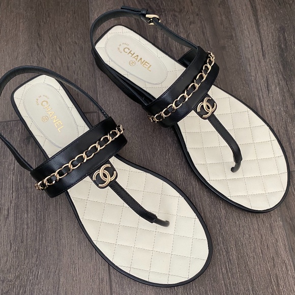 2023 CHANEL CC LOGO BLACK THONG LEATHER FLAT SHOES SANDALS 40 - Picture 9 of 16